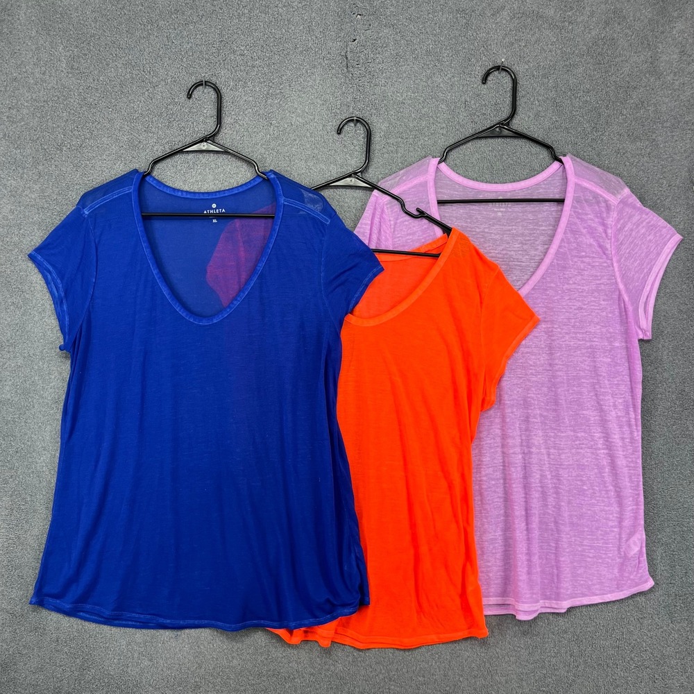Athleta V-Neck T-Shirt Women XL Blue Orange Purple 3 Pack Activewear Slub Tee